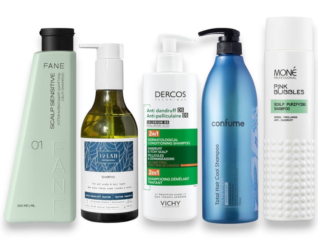 Фото: архивы пресс-служб. Успокаивающий шампунь Calm Shampoo Scalp Sensitive, FANE; Шампунь Против перхоти для всех типов кожи головы и волос, 19 LAB; Интенсивный увлажняющий шампунь-уход против перхоти DS 2 В 1, Vichy Dercos; Шампунь для жирных волос с ментолом и перечной мятой Total Hair Cool Shampoo, Confume; Очищающий шампунь для чувствительной кожи головы Scalp purifying shampoo, MONE Professional