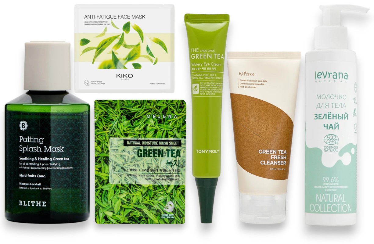 Фото: архивы пресс-служб. Сплэш-маска для лица SOOTHING & HEALING GREEN TEA, Blithe; Увлажняющая гидрогелевая маска для лица с экстрактом зеленого чая, KIKO Milano; Тканевая маска для лица с зеленым чаем, ORJENA; Крем для кожи вокруг глаз с экстрактом зеленого чая, Tony Moly; Очищающее средство для лица GREEN TEA FRESH CLEANSER, IsNtree; Молочко для тела Зеленый чай, Levrana