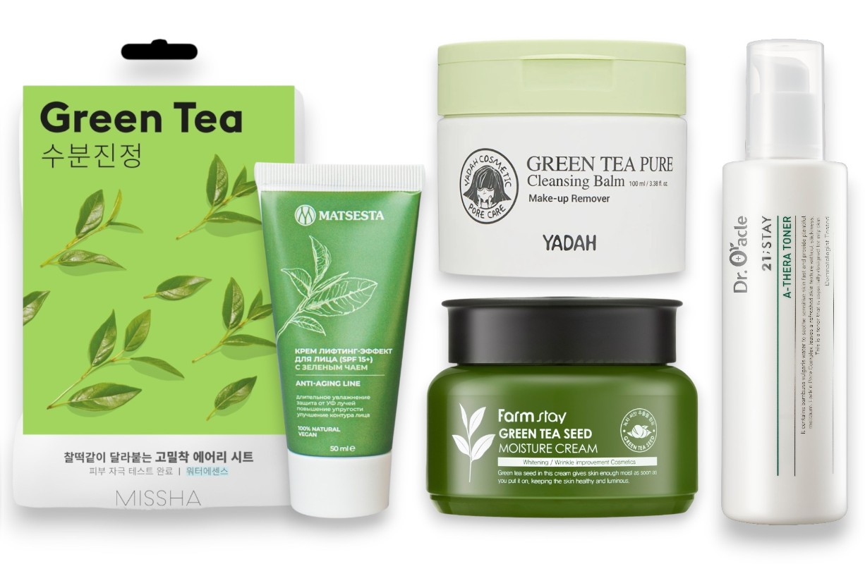 Фото: архивы пресс-служб. Успокаивающая тканевая маска для лица Airy Fit GREEN TEA, Missha; Крем лифтинг эффект для лица с зеленым чаем (SPF 15+), MATSESTA; Очищающий бальзам с зелёным чаем, Yadah; Увлажняющий крем с семенами зеленого чая, Farm Stay; Антиоксидантный тоник-спрей 21 STAY, Dr. Oracle