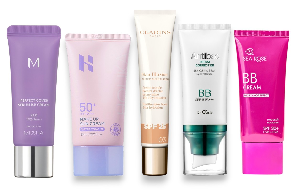 Фото: архивы пресс-служб. BB крем для лица Perfect Cover Serum, Missha; Крем для лица SPF 50+ Sun Matte tone, Holika Holika; Оттеночный увлажняющий крем для лица с эффектом сияния SPF 25 Skin Illusion Tinted Moisturizer, Clarins; BB – крем для лица SPF45 PA+++ Antibac Derma Correct, Dr Oracle; BB крем для лица с морским коллагеном SPF 30+, SEA ROSE