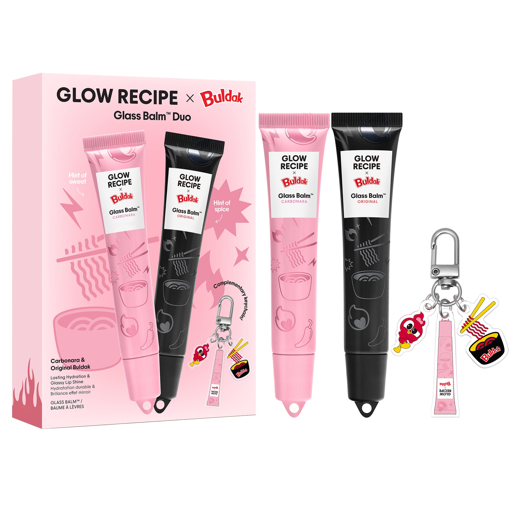 Набор бальзамов Glow Recipe x Buldak Glass Balm Lip Duo с брелоком