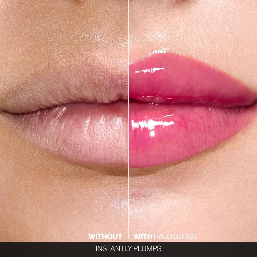 Ярко-розовый тюбик Smashbox O-Gloss на фоне мазка блеска