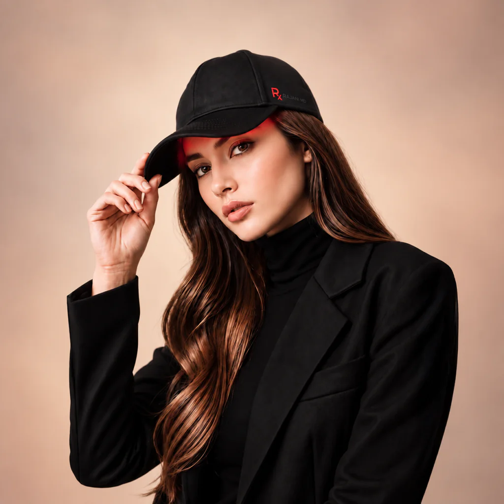 Женщина в лазерной бейсболке PlasmaGLO Hair+ Cap